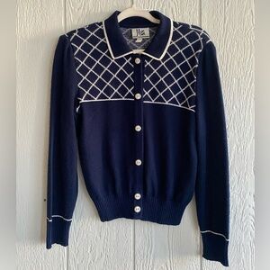 Vtg Mita Blue White Argyle Collared Cardigan Sweater Preppy Business Casual 10P